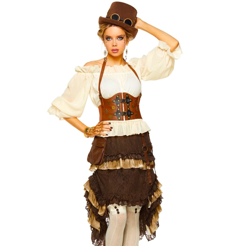 Spirit Halloween Steampunk Tiered Skirt and Peasant Blouse Costume Set, Sz L